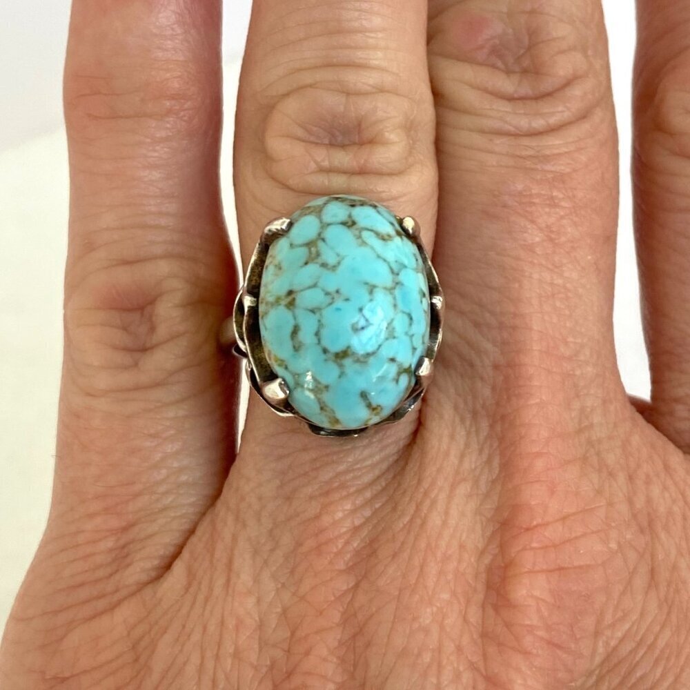VTG Sterling Silver 925 Prong Set Oval Blue ?Hubble Glass Statement Ring Sz 5.5